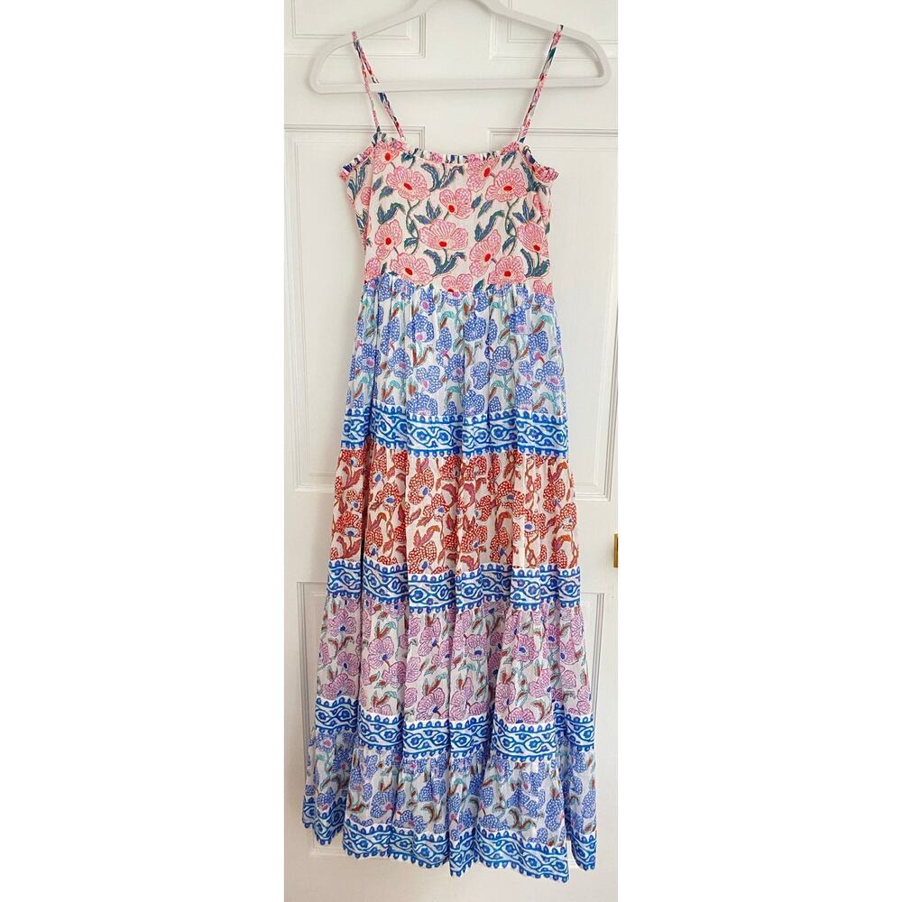 OLIPHANT Tuckernuck Smocked Back Maxi Dress Lucia Blue Multi Block Print S - Picture 4 of 10